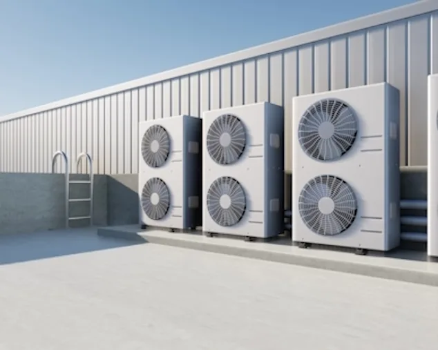 Industrielle Klimageräte auf einer Außendach-Installation montiert