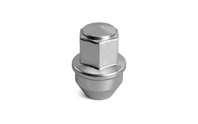 A silver lug nut on white background