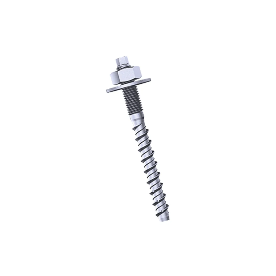 A Tecfi concrete screw with external thread, washer DIN 9021 and hex nut on a white background.
