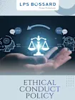 A hand holds a glowing scale symbol, surrounded by AI and human brain icons, with "Ethical Conduct Policy" text below.