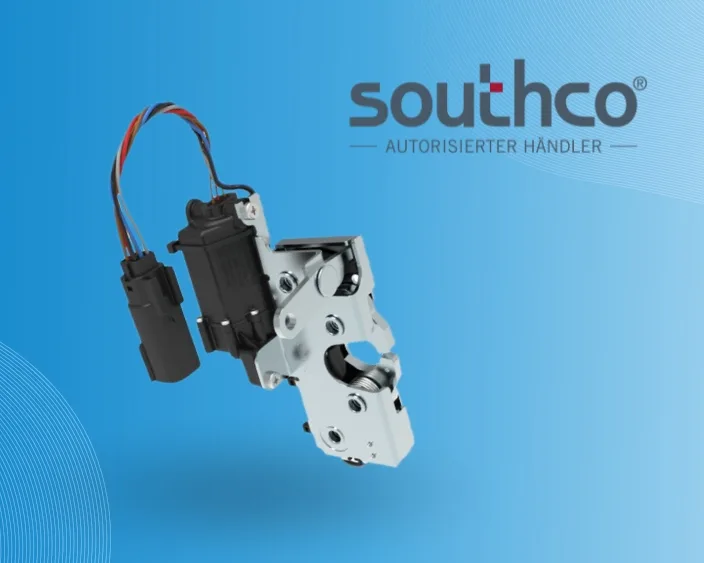 Southco-Elektroschloss mit integriertem Motor auf blauem Verlaufshintergrund