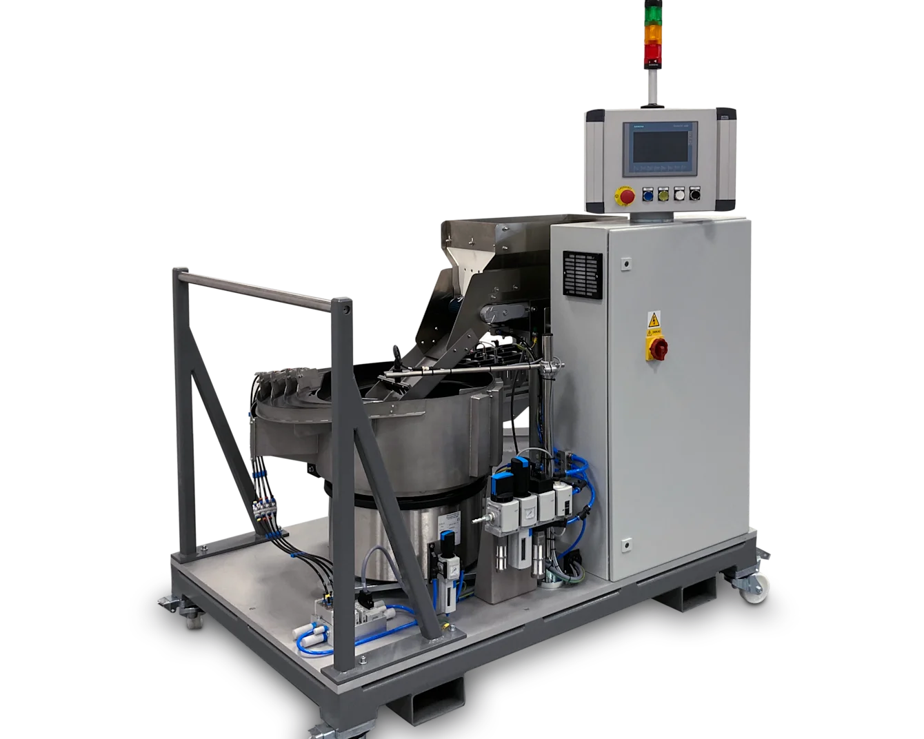 A grey PEMSERTER IN-DIE feed cart to automatically feed self-clinching fasteners to your insertion machines.