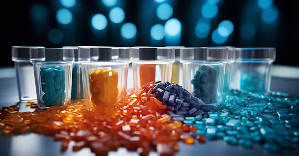 Verschiedene bunte Thermoplast-Granulate in durchsichtigen Behältern, teils verstreut.