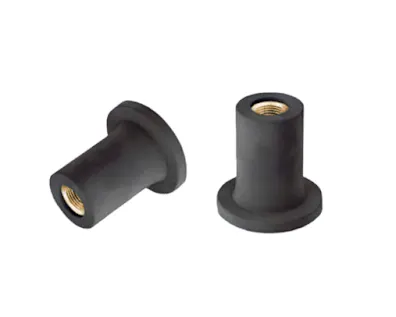 Two black FASTEKS FILKO blind clip-in nuts on white background