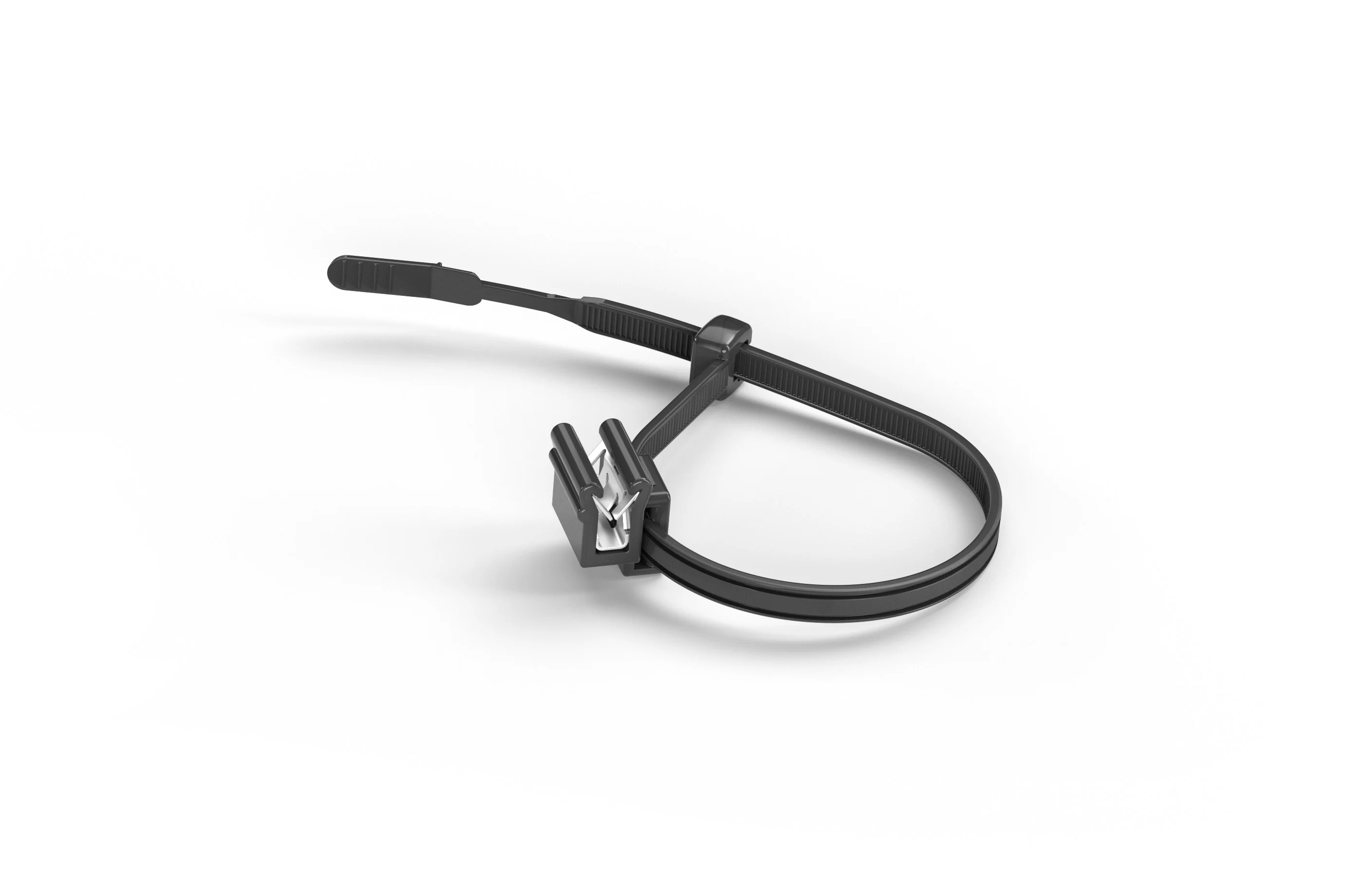 Černá dvoudílná upevňovací stahovací páska HellermannTyton na bílém pozadí.