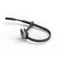 A black HellermannTyton 2-piece fixing tie cable tie closed on white background