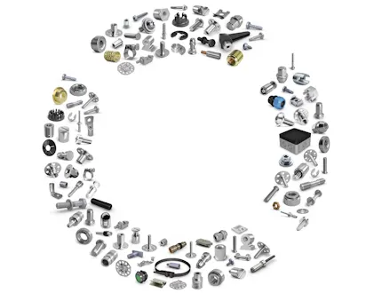 Kreisförmig angeordnete Vielzahl an Verbindungselementen wie Schrauben, Muttern, Nieten und Spezialteile