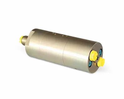 A compact miniBOOSTER HC2D series double-acting pressure intensifier on white background
