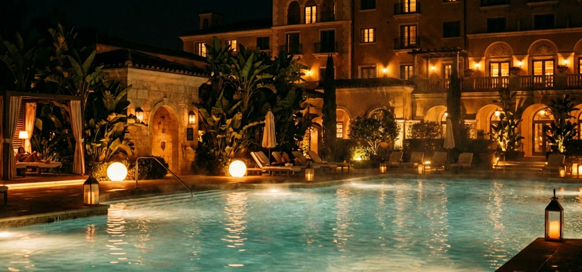 Image of a hotel pool at night.