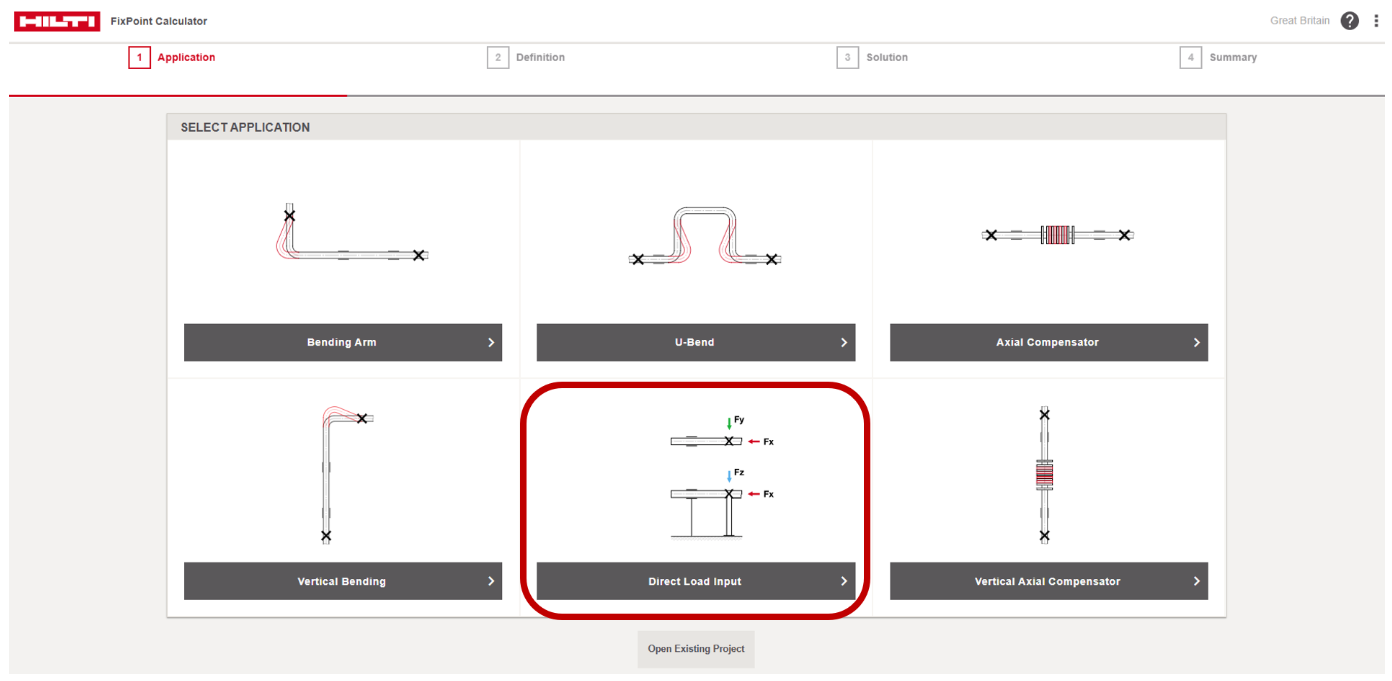 �������� FixPoint Calculator “Application” screen showing pipe configuration options. “Direct Load Input” is highlighted, with a diagram showing forces Fx, Fy, and Fz acting on a pipe support.