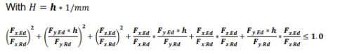 Engineering equation from EN 13480-3 showing combined load interaction checks using force and moment ratios in multiple directions. The formula ends with “≤ 1.0”, indicating the design acceptance criterion.
