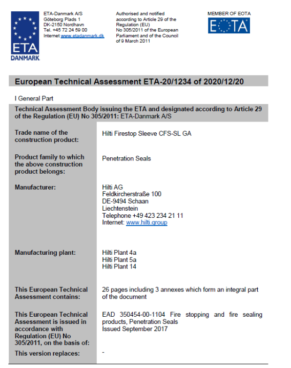Official ETA document showing European Technical Assessment ETA‑20/1234 for �������� Firestop Sleeve CFS‑SL GA, including manufacturer details, product category (penetration seals), and issuing body ETA‑Danmark A/S.