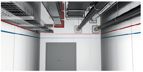 3D-rendered technical room with ceiling-mounted ducts, cable trays, and pipes, plus red and blue service lines along the walls, showing a clean, organised building services installation.