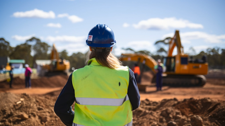 Person in a high vis with blue hard hat on a construction site