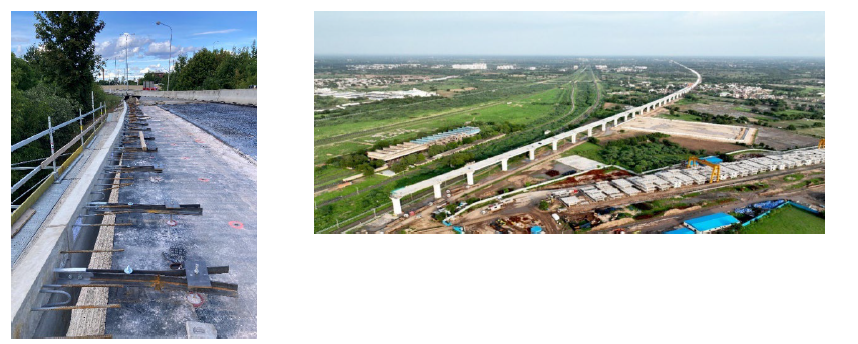 Comparison of bridge construction: close‑up of anchored baseplates on a concrete deck and aerial view of a long viaduct under construction across a green landscape.