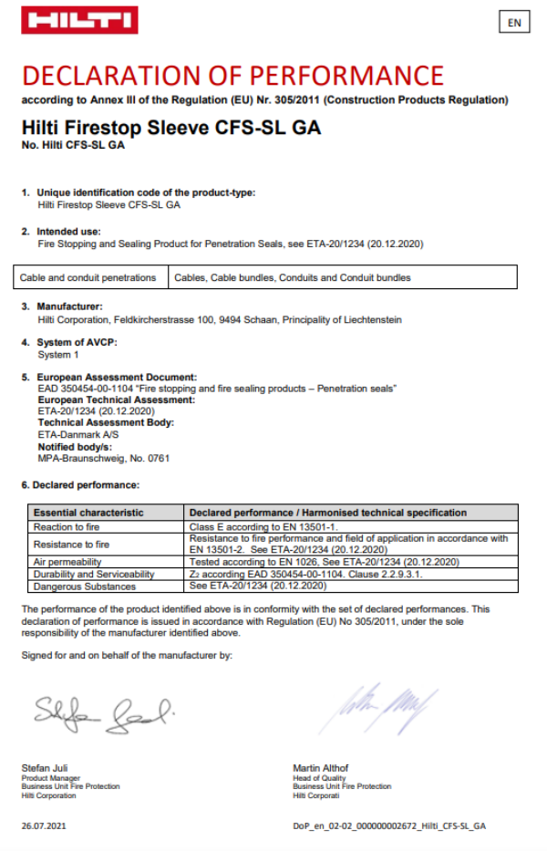 Screenshot of a �������� Declaration of Performance (DoP) for the Firestop Sleeve CFS-SL GA, showing product information, intended use, assessment references, declared fire performance characteristics, and authorised signatures.