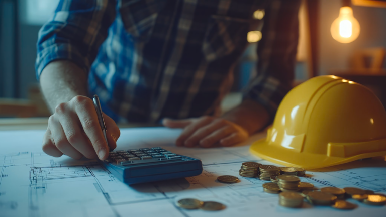 Person working on calculator with hard hat on the table