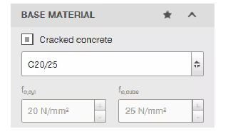 Screenshot of a base material settings panel showing cracked concrete selected, concrete class C20/25, and strength values of 20 N/mm² (cylinder) and 25 N/mm² (cube).