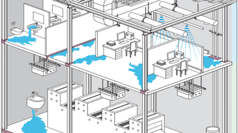 Cutaway diagram of a multi‑story building showing water leaks from plumbing and roof equipment causing puddles on floors, wet ceilings, and water pooling around fixtures and work areas.