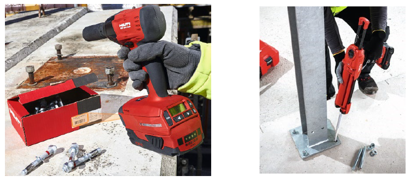 Two images showing anchor installation: tightening bolts on a baseplate with an impact wrench and injecting chemical resin at the base of a steel column fixed to concrete.