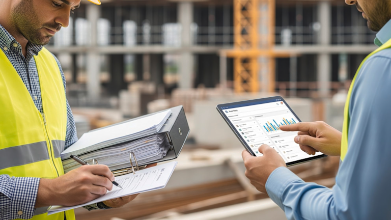 Two people stood at construction site with tablet and file taking notes