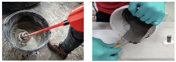 Two-step process: mixing grout in a bucket with a drill mixer, and applying the grout by pouring it into a hole around a metal anchor using gloved hands.