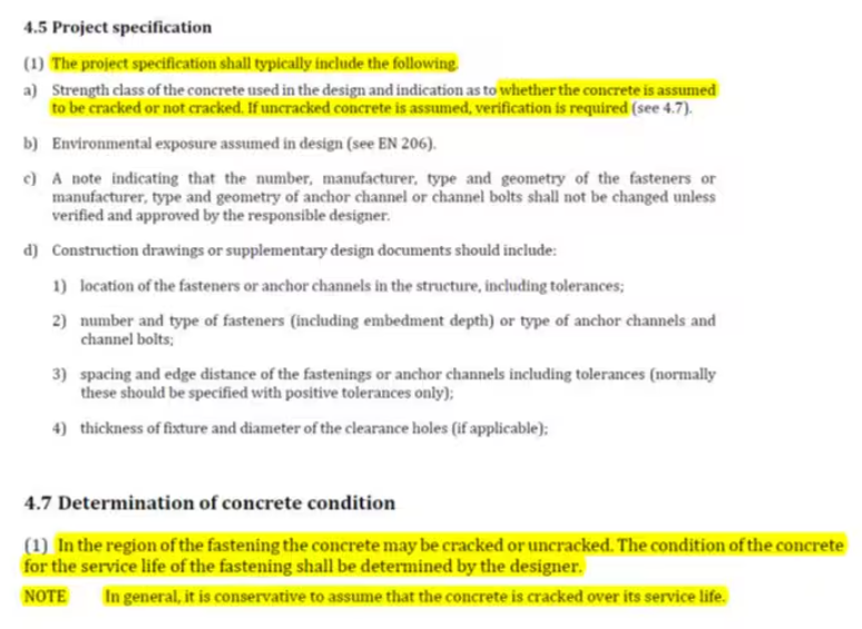 Excerpt from a technical standard with highlighted text stating that designers must specify whether concrete is cracked or uncracked and that it is generally conservative to assume concrete is cracked during service life.