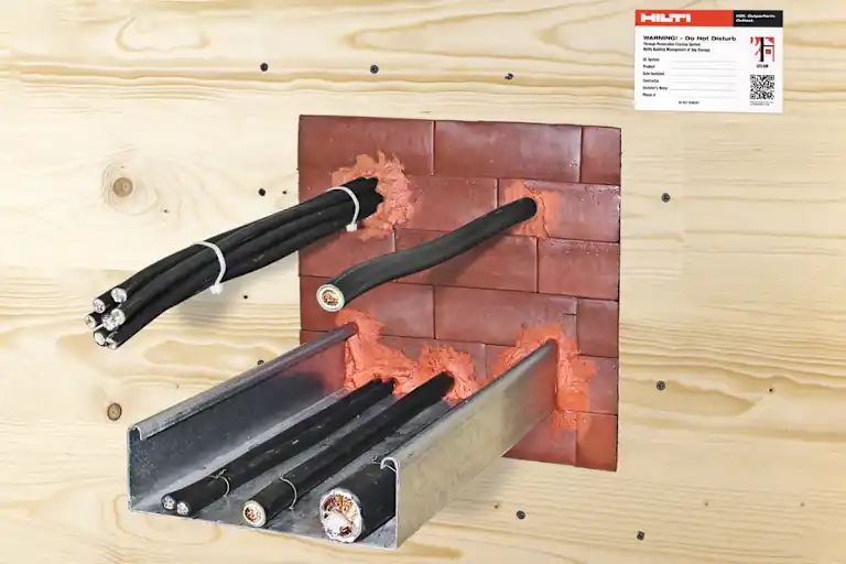 Mixed penetration firestop installation showing cables and a metal channel passing through a wall opening, sealed with orange firestop material, with a 海角社区 identification label visible.