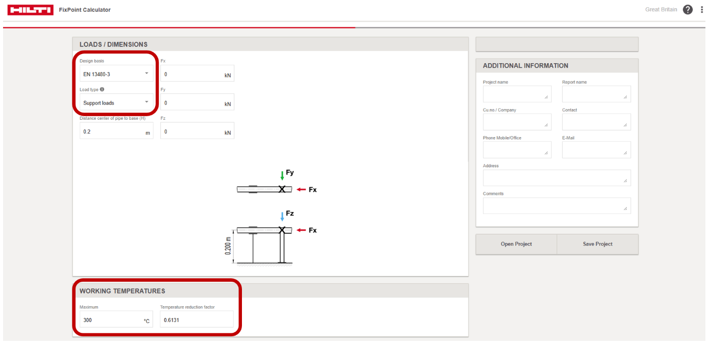 Screenshot of the �������� FixPoint Calculator showing EN 13480-3 selected as the design basis and a maximum working temperature of 300°C. Red outlines highlight key input sections for pipe support calculations.