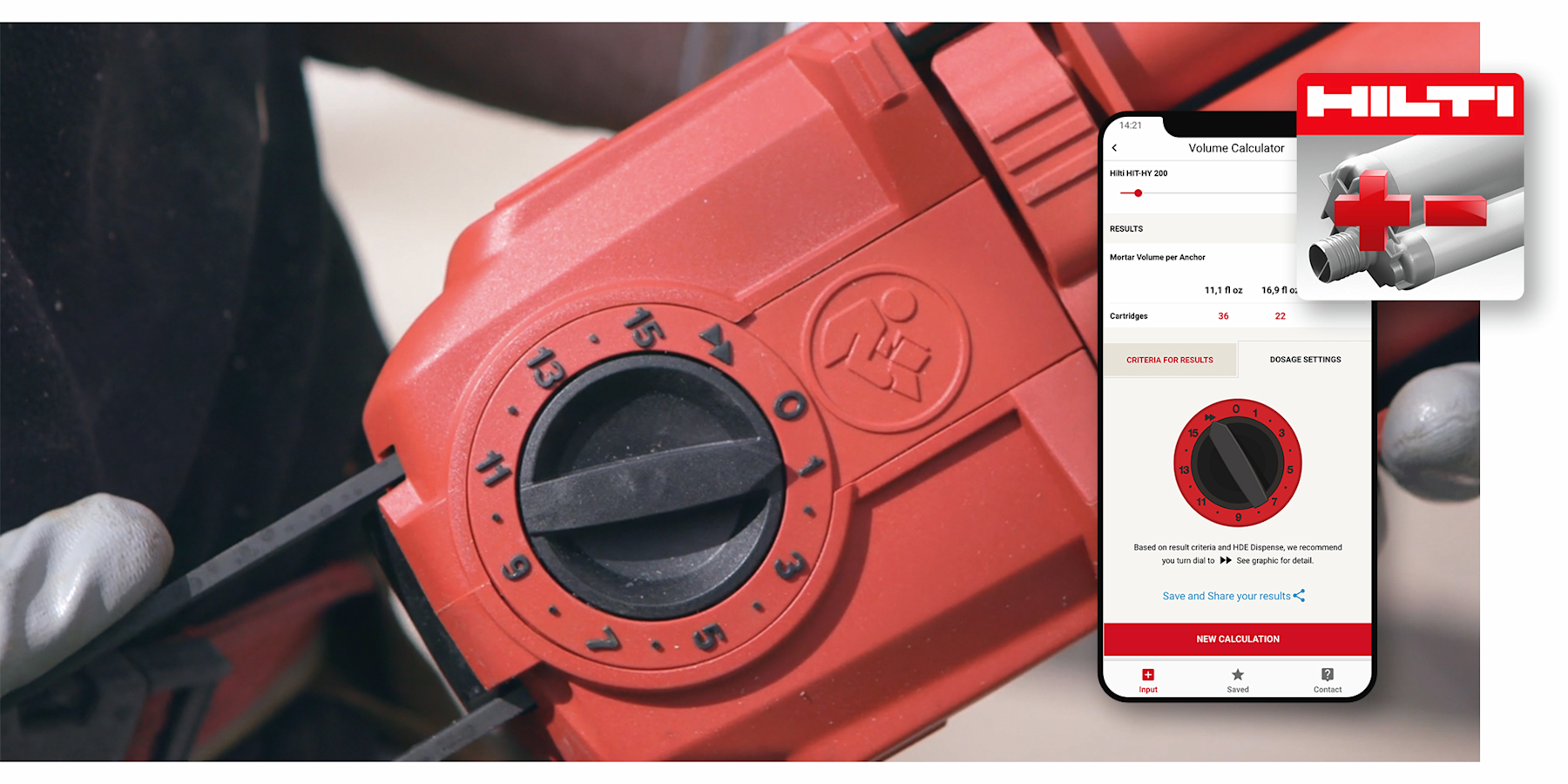 Close-up of a mortar dispenser dial set on a construction tool, with an inset mobile app screen showing a volume calculator and dosage settings for injection mortar.