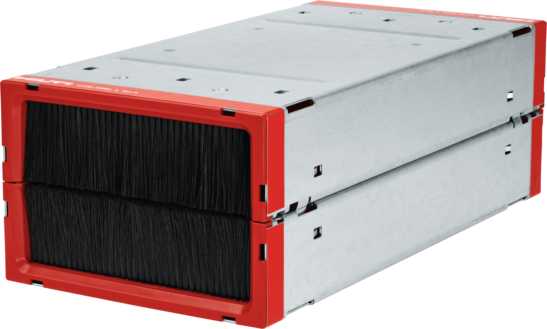 Rectangular metal device with a brushed silver casing and red ends, featuring a dense black bristle opening on one side, resembling a dust‑collection or filtration brush module.