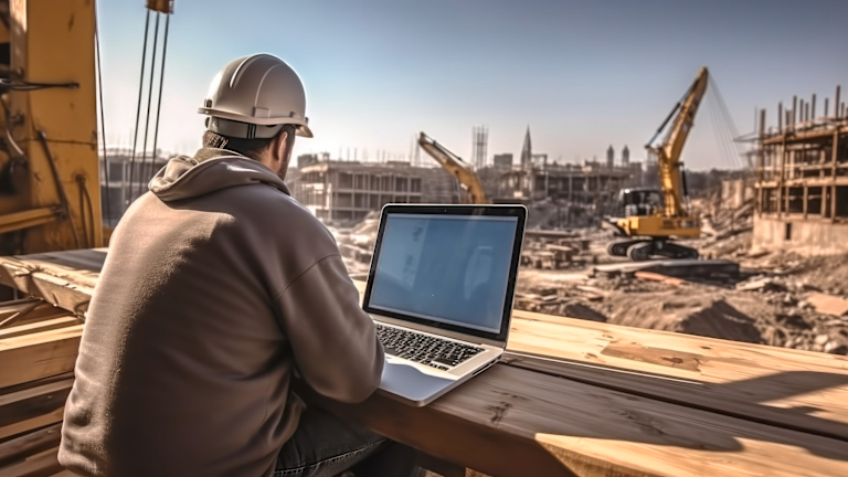 Person on laptop at construction site