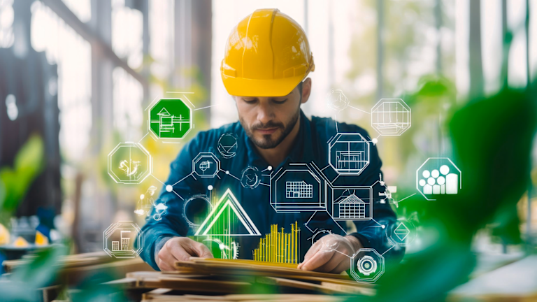Construction worker in yellow hard hat looking at a tablet