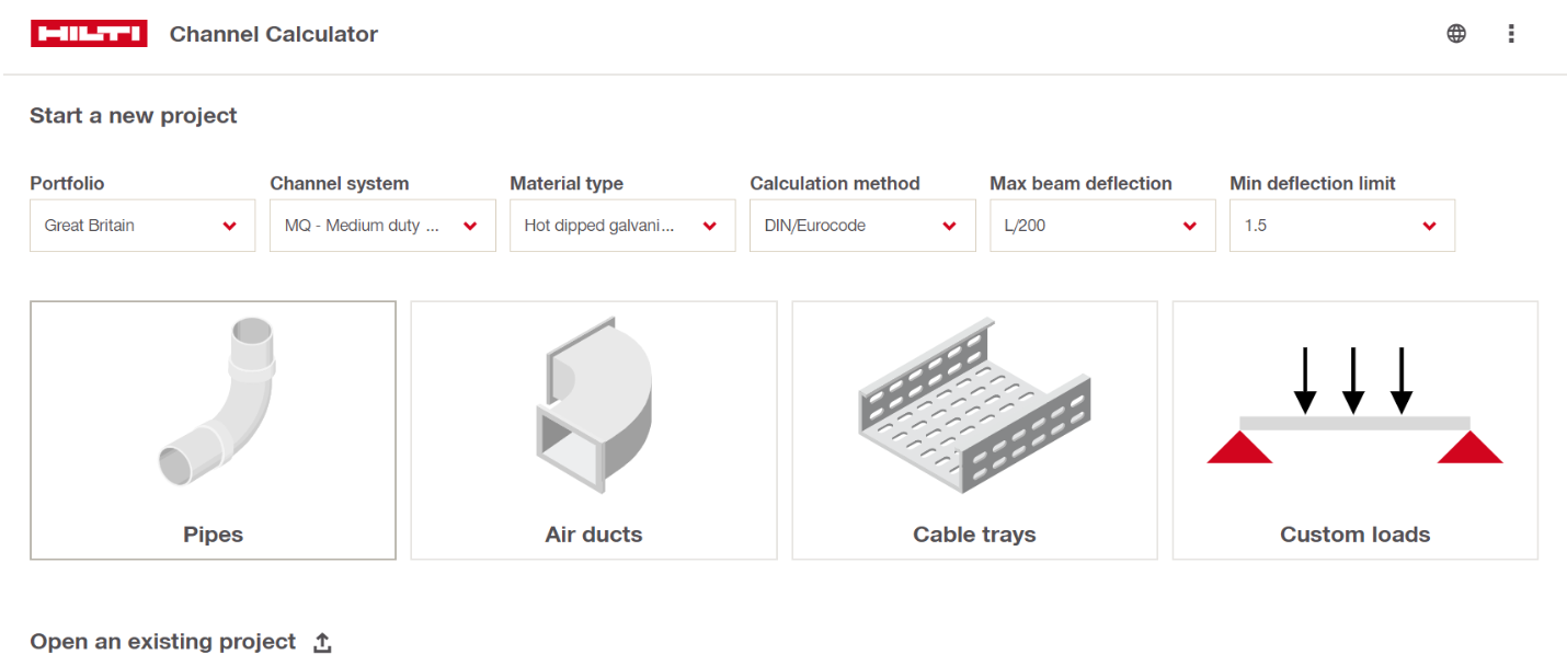 Screenshot of the �������� Channel Calculator showing project setup options and four design categories: Pipes, Air ducts, Cable trays, and Custom loads, with settings for channel system, material type, and calculation method.