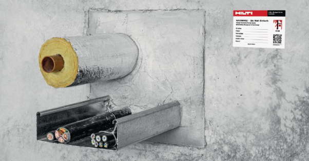 Mixed penetration firestop with insulated pipe and cables through a mortar-sealed wall opening, including a metal cable tray and a �������� identification label.