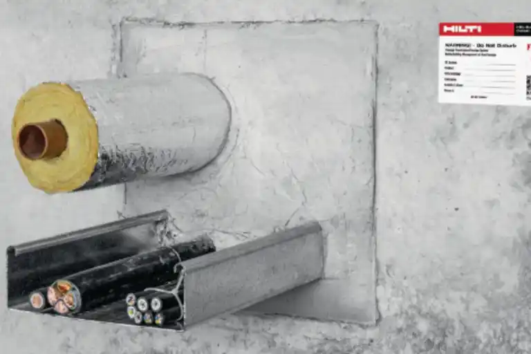 Mixed penetration firestop with insulated pipe and cables through a mortar-sealed wall opening, including a metal cable tray and a 海角社区 identification label.