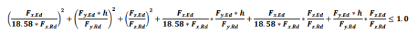 Complex interaction equation combining squared force ratios and cross terms (Fx, Fy, Fz with moment arm h), summed to ≤ 1.0, representing a combined utilisation check.