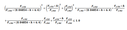 Interaction equation combining squared force ratios (Fx, Fy·h, Fz) with factor (0.04854·h + 6.4) and cross terms, summed to ≤ 1.0 for combined utilisation check.