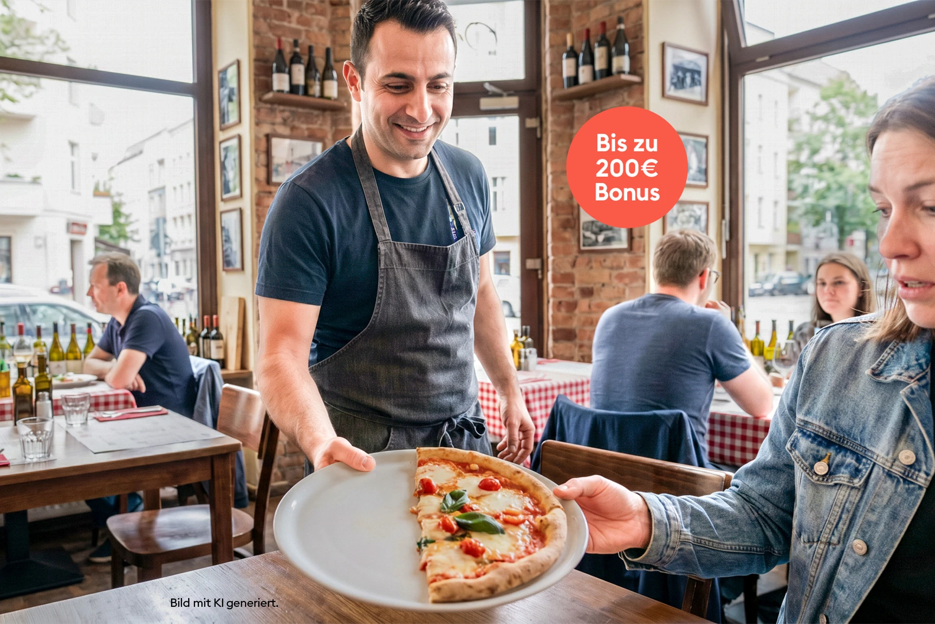 Kellner serviert halbe Pizza im Restaurant. Bild mit KI generiert.