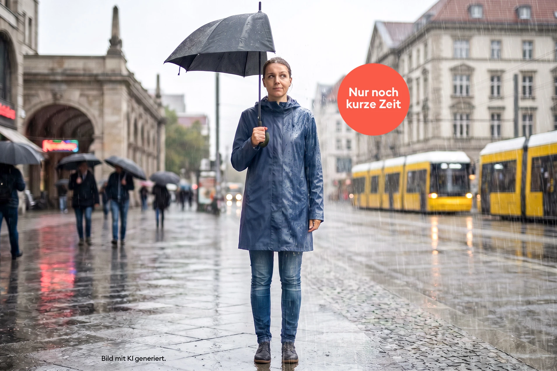 Frau mit halbem Regenschirm im Regen. Bild mit KI generiert.