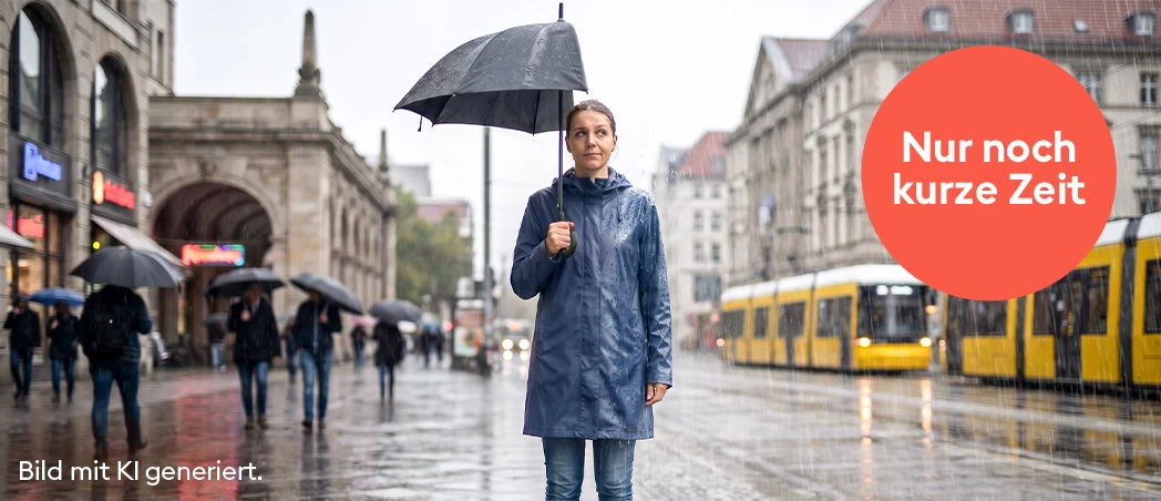 Frau mit halbem Regenschirm im Regen. Bild mit KI generiert.