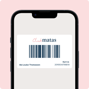 Her ses en lyserød baggrund med en mobil på matas-appen. Den er inde på et medlemskort.