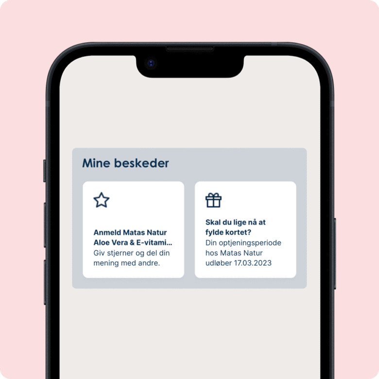 Her ses en lyserød baggrund med en mobil på matas-appen. Den er inde på "mine beskeder".