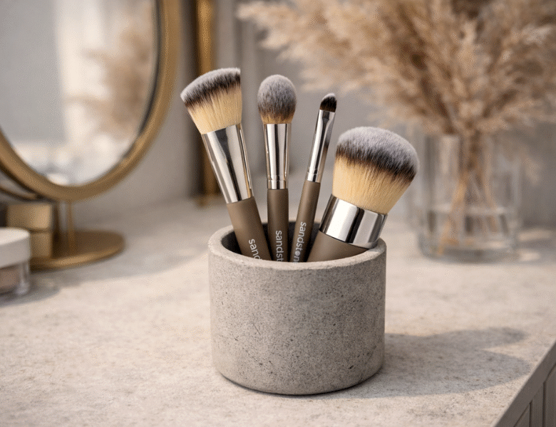 Her ses et billede med flere makeupbørster fra Sandstone placeret i en holder på en lys overflade. Børsterne har lyse børstehår og skaft med teksten “sandstone”. I baggrunden ses et spejl og dekorative elementer.