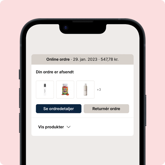 Her ses en lyserød baggrund med en mobil på matas-appen, som er inde på en ordre.