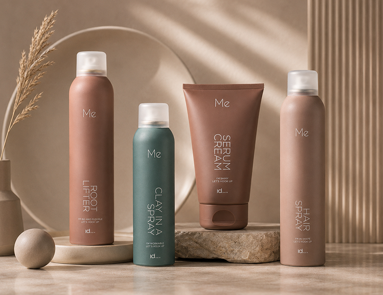 Her ses et billede med stylingprodukter fra IdHAIR placeret på sten mod en varm, beige baggrund. På produkterne står blandt andet “Root Lifter”, “Clay In A Spray”, “Serum Cream” og “Hair Spray”. Produkterne er i dæmpede rosa, grønne og beige nuancer.