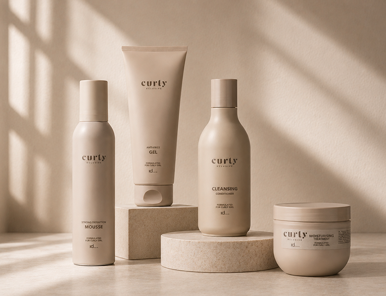 Her ses et billede med hårplejeprodukter fra Curly Xclusive by IdHAIR placeret på podier mod en varm, beige baggrund. På produkterne står blandt andet “Mousse”, “Anti-Frizz Gel”, “Cleansing Conditioner” og “Moisturising Treatment”.