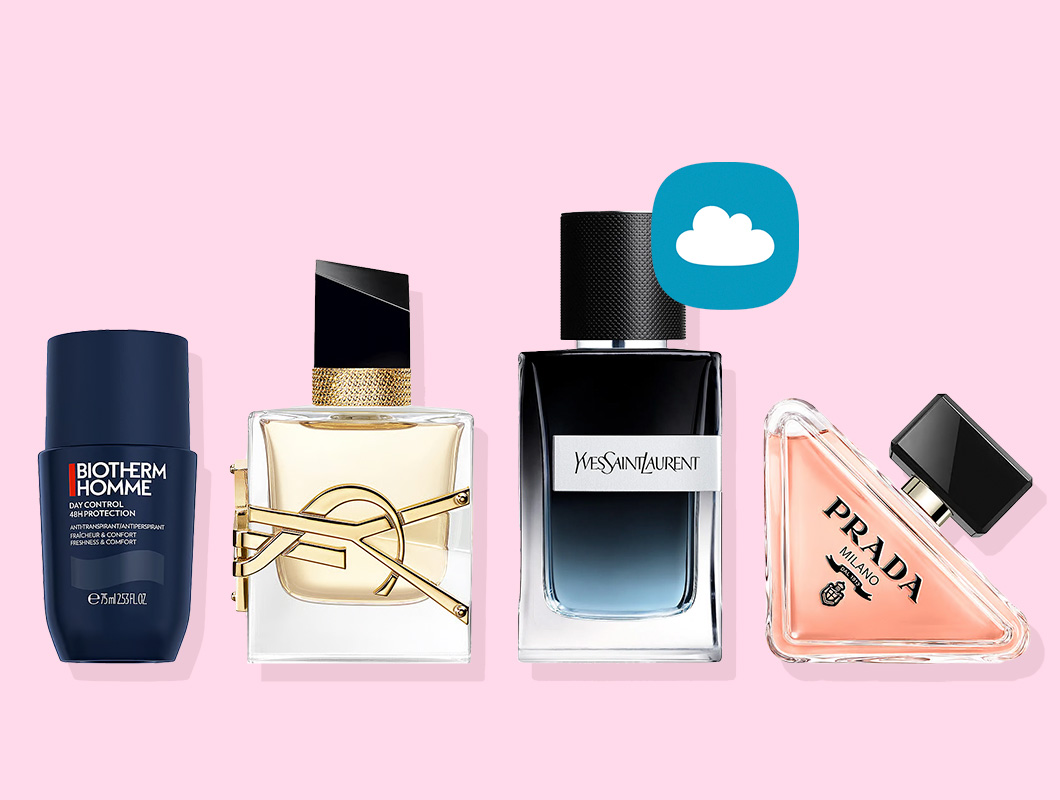 Her ses et billede med fire produkter mod en lyserød baggrund. Fra venstre ses en Biotherm Homme deodorant, en Yves Saint Laurent-parfume, en Yves Saint Laurent-herreparfume og en Prada-parfume. Over det tredje produkt ses et blåt ikon med en hvid sky, som symboliserer Ønskeskyen.