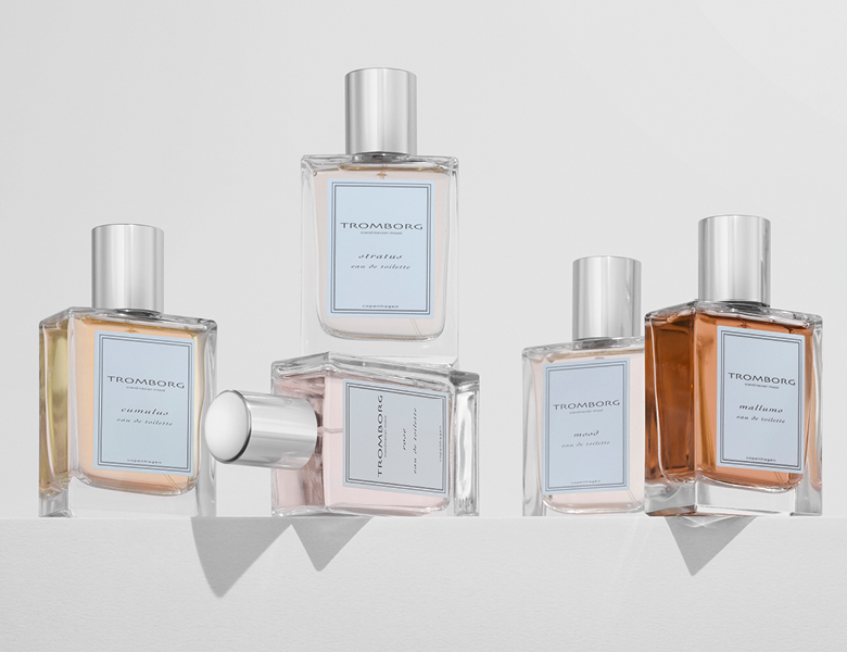 Fem Tromborg eau de toilette flasker med duftnavnene: cumulus, stratus, rose, mood, mallumo.