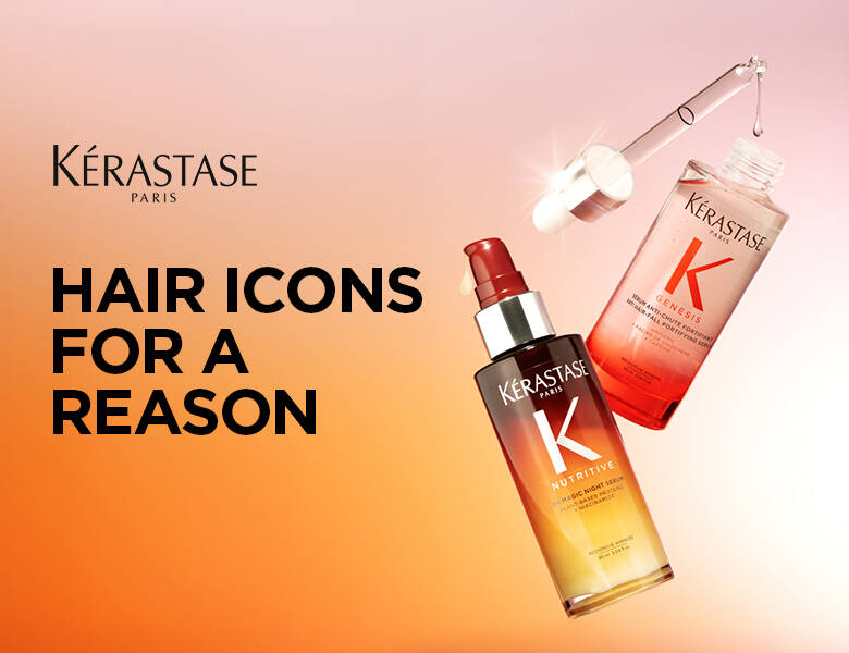 Her ses en baggrund med en obre-effekt fra orange til lyserød. I venstre er Kérastase logoet og en kort tekst og til højre er to Kérastase produkter.
